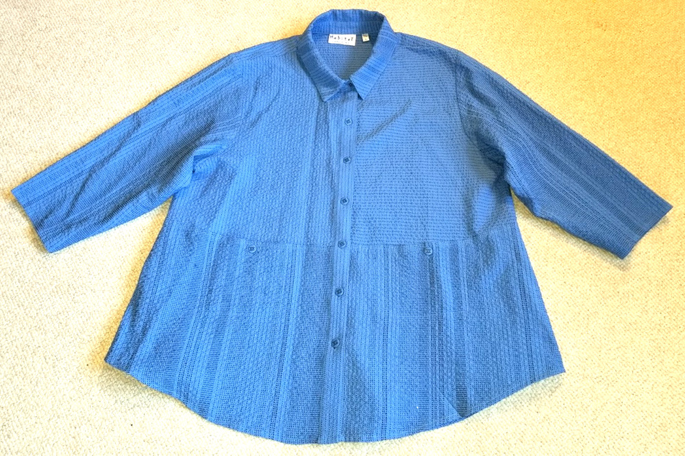 Womens Top-HABITAT-blue/black textured/crinkle button-up Lagenlook BOHO artsy-L